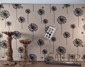 Trendy, Stylish, Ecru and Black Dandelion Fabric Cork Board with Tacks, Decorative Cork Bulletin Board