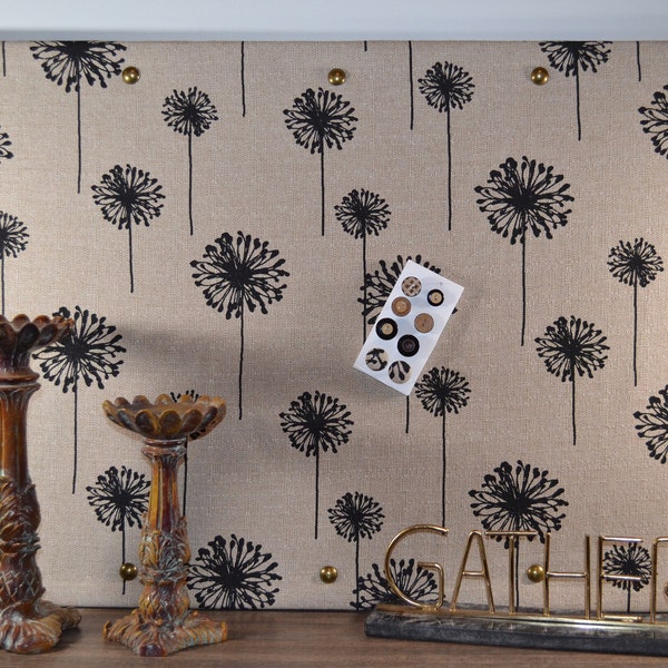 Trendy, Stylish, Ecru and Black Dandelion Fabric Cork Board with Tacks, Decorative Cork Bulletin Board