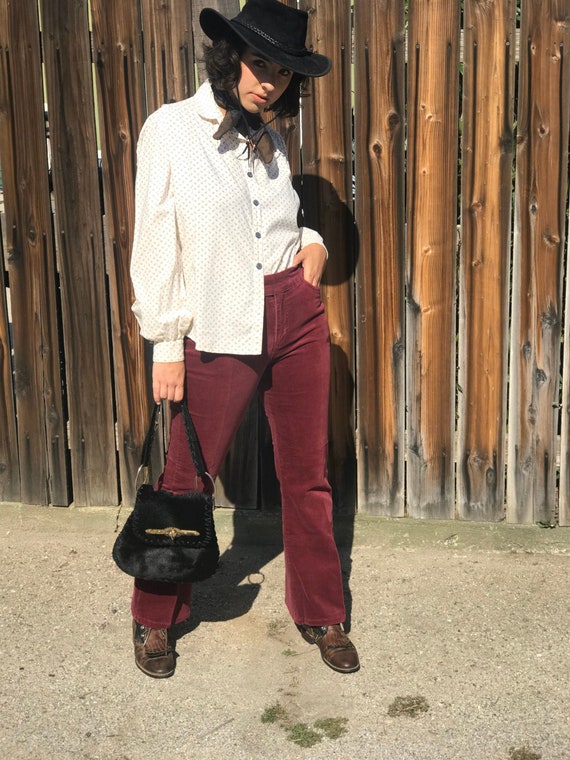 90s Burgundy Velvet Trousers Maroon Bootcut Mid R… - image 1