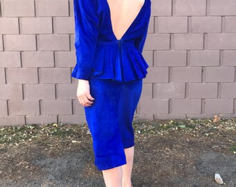 Vintage 80s Blue Suede Dress Leather Dress with Peplum