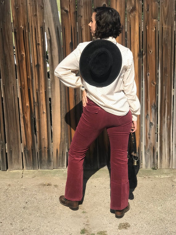 90s Burgundy Velvet Trousers Maroon Bootcut Mid R… - image 2