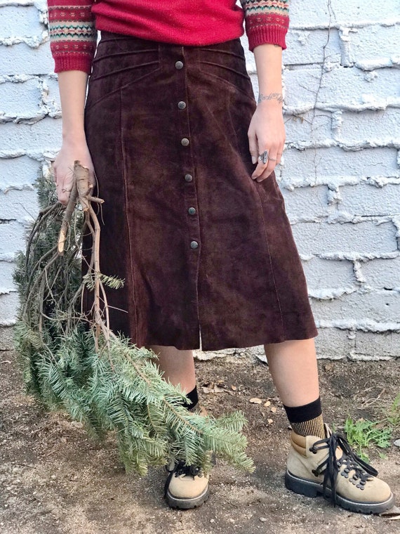 Vintage Chocolate Brown Suede Leather Skirt with … - image 1