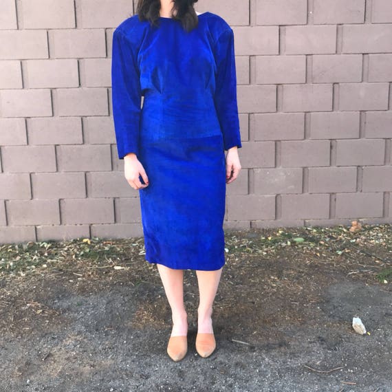 Vintage 80s Blue Suede Dress Leather Dress with Peplum - Gem