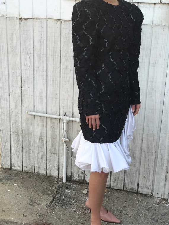 Vintage 80s Black and White Mini Dress with Ruffl… - image 3