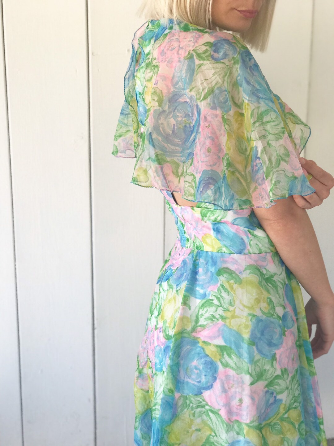 Vintage 50s 60s Pastel Watercolor Floral T-back Dress Spring Summer ...