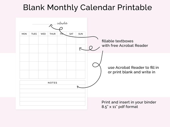 editable monthly calendar printable monthly calendar etsy