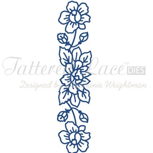 Könnte beinhalten: Eine blaue Umrandung eines Blumenmusters mit drei Blüten und Blättern. Das Muster ist vertikal und hat einen zarten, filigranen Stil. Der Text "Tattered Lace™ DIES" befindet sich oben im Muster.