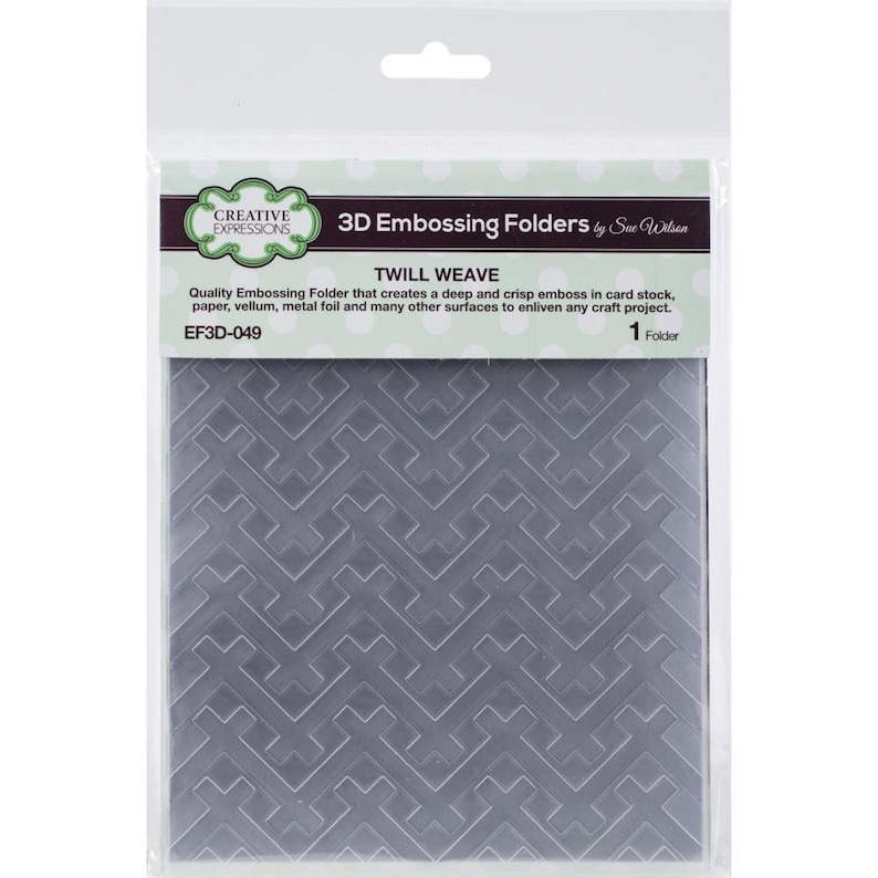 May include: A clear plastic package containing a gray 3D embossing folder with a twill weave pattern. The package has the text "3D Embossing Folders" and "TWILL WEAVE". The folder is designed to create a deep and crisp emboss on various surfaces.