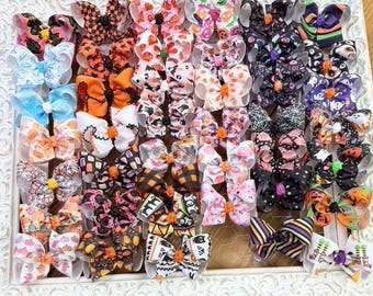 Lazos para el pelo de cinta de grogrén hechos a mano con estampados de otoño y Halloween para bebés, niños pequeños y niños grandes.