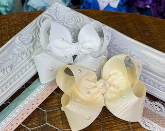 Lazo para el pelo de grogrén con perlas, colores personalizados, accesorio de boutique para niñas (10-16,5 cm)