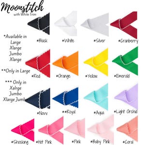 Pu&ograve; includere: Immagine di nastri Moonstitch con rifiniture bianche in vari colori, tra cui nero, bianco, rosso, arancione, giallo, smeraldo, blu navy, reale, acqua, orchidea chiaro, rosa shocking, rosa acceso, rosa, rosa baby e corallo. Testo indica le taglie disponibili.