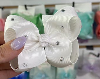 Lazo para el pelo de grogrén blanco con diamantes de imitación: accesorio boutique brillante hecho a mano (10-16,5 cm)