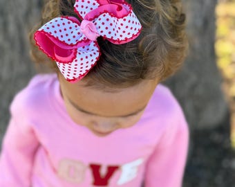 Lazo para el cabello con volantes de lunares rosas y blancos - Lazo de grogrén con ribete rojo para niñas, hecho a mano
