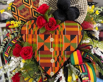 Kente Cloth Heart Wreath - African American, Juneteenth, Valentine's Day