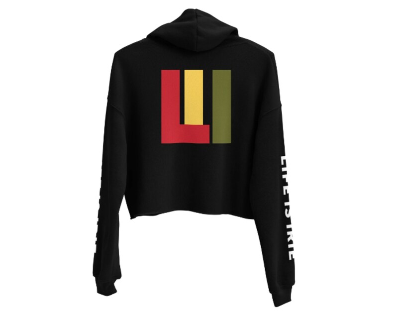 Knit crop pullover hoodie featuring on both sleeves "life is irie" text.  On back featuring the icon graphic in Reggae colors of red, gold, and green.