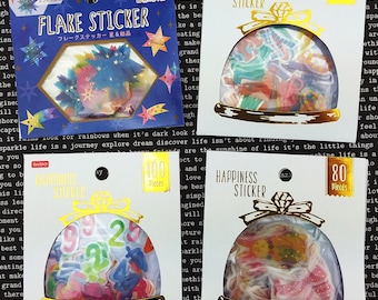 Popular Japanese Plastic Flake Stickers - Choose from Stars + Meteors, Alphabets, Party Animals or Numbers 4 designs!