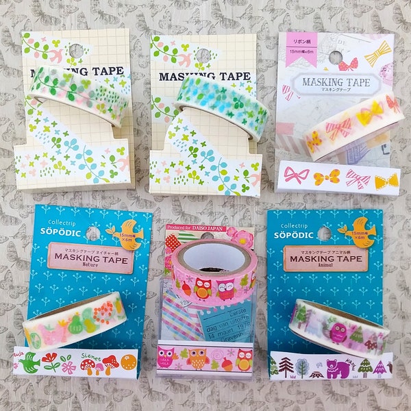 Japanese style Washi tape available in Doves and Ferns, Bowls and Ribbons, Mushroom + Flowers and Doves, Owls and Forest Animals 6 designs!