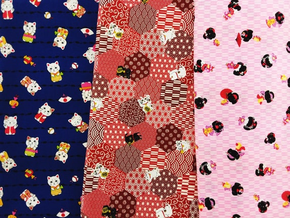 Tissu Japonais Avec Maneki Neko Traditionnel Chat Chanceux Etsy