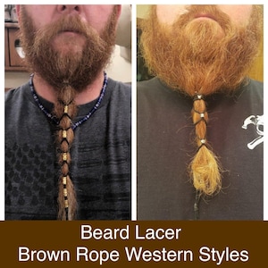 Puede incluir: Dos imágenes que muestran estilos de trenzado de barba. Una presenta una barba trenzada con cuentas doradas y un collar de cuentas azules. La otra muestra una barba peinada en una trenza con lazos negros y detalles plateados. El texto dice "Beard Lacer Brown Rope Western Styles."