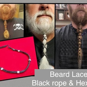 May include: Black beard lacers with hex nuts.  The lacers are made of black rope and are shown being used to braid a beard.  The text "Beard Lacer Black rope & Hex nuts" is shown below the image.