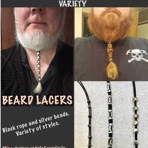 Beard Hair lacers. Black with Silver Color beads. Many designs to choose from. Black Rope,  Beards, dreadlocks, hair.