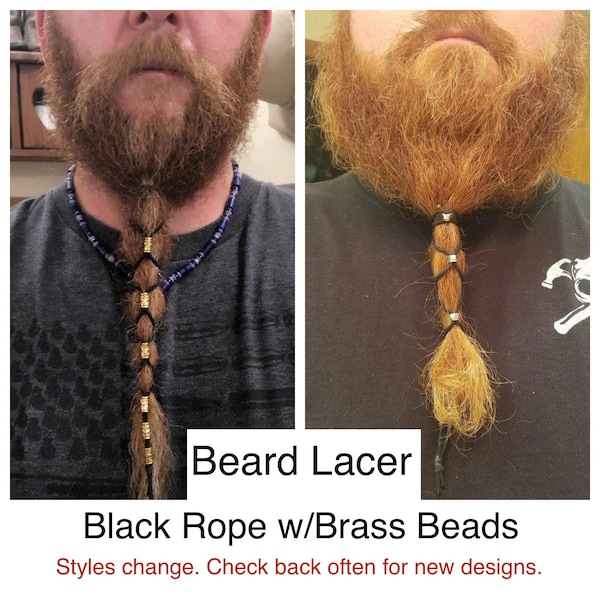 Beard Hair lacers. Black with Brass & Gold Color beads. Many designs to choose from. Black Rope,  Beards, dreadlocks, hair.
