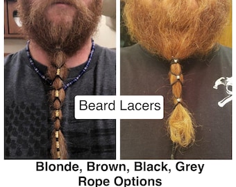 Beard Hair lacers. Blonde, Brown, Black and Grey rope choices. More discrete/proffesional looks to choose from.