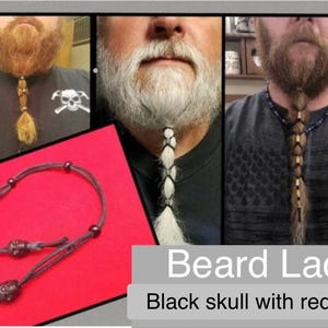 Beard lacer. Black Skull Bead with Red Eyes. Beard Accessory.