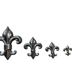 May include: Four silver-colored fleur-de-lis ornaments of varying sizes. The ornaments have a classic three-petal design with curved accents. The largest is on the left, with the smallest on the right.