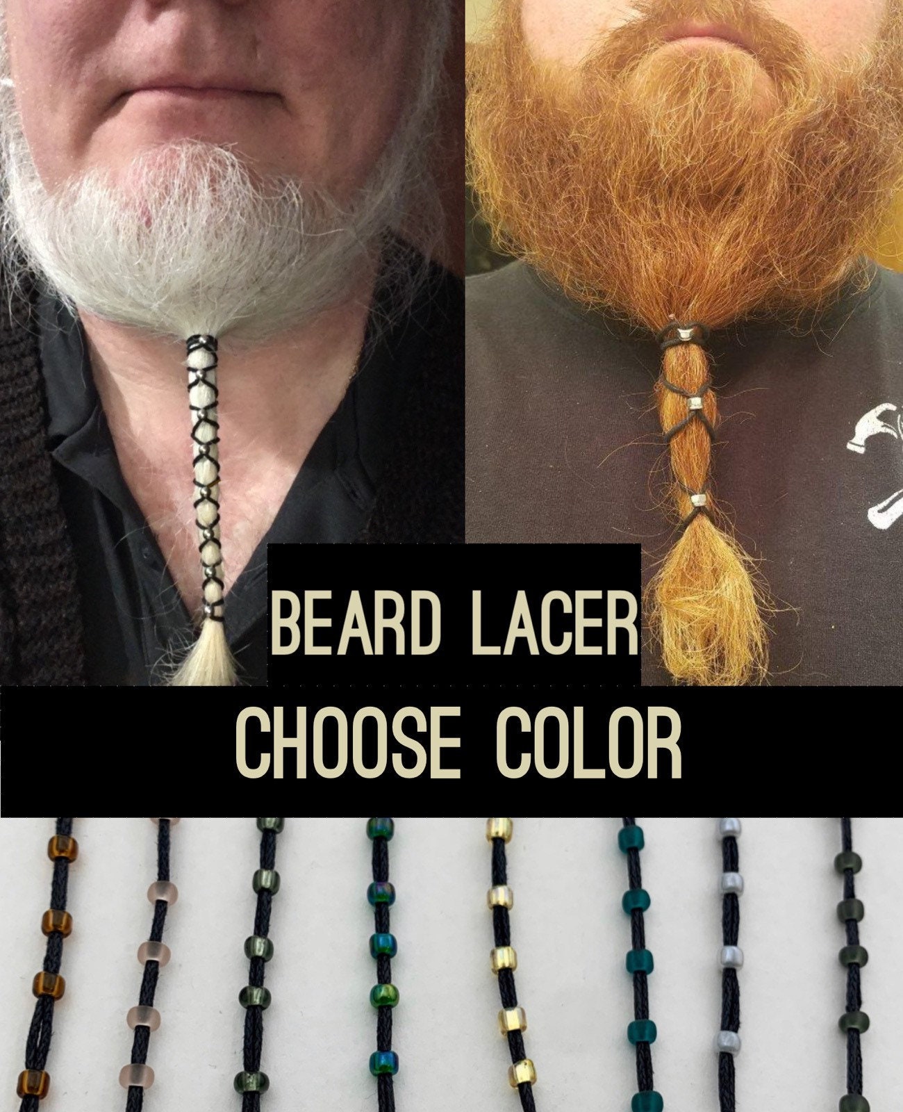 Beard Lacers Choose Color. Black Rope With Glass Beads 