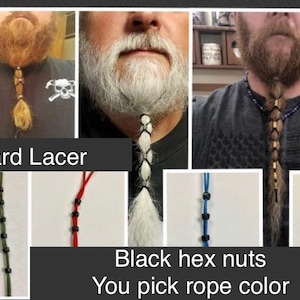 Beard Lacer with Black hex nuts. Choose the color rope: red, brown, blue, gray, green, white, black. Dread locks, hair, beard.