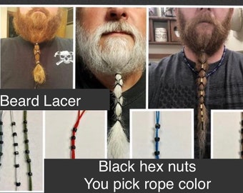 Beard Lacer with Black hex nuts. Choose the color rope: red, brown, blue, gray, green, white, black. Dread locks, hair, beard.