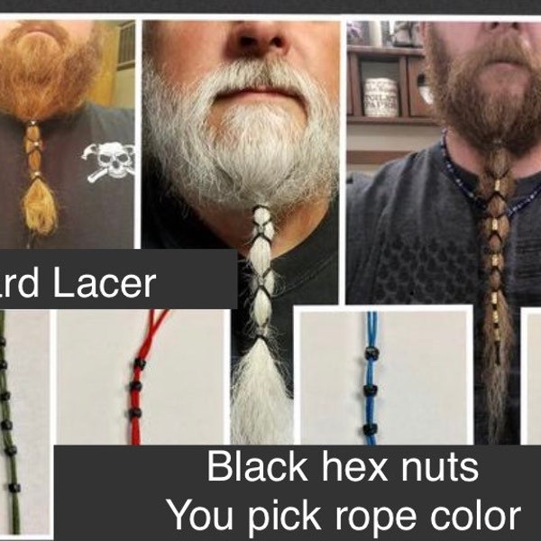 Beard Lacer with Black hex nuts. Choose the color rope: red, brown, blue, gray, green, white, black. Dread locks, hair, beard.