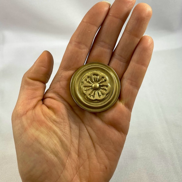 Brass medallion decorative round button with threaded hole on backside pretty floral design embellishment or knob