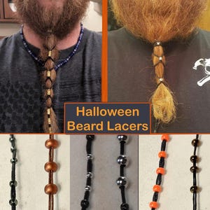 以下が含まれることがあります： ハロウィーン用ビアードレーサー。黒または茶色のコードに、金属製のスカル、オレンジ色の球体、銀色のアクセントなどのビーズがあしらわれています。セットには、これらの装飾用コードを長い髭に編み込んだ使用例が含まれています。