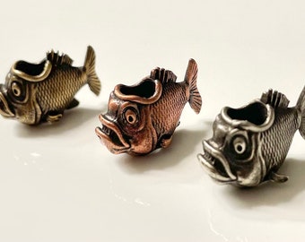 Large hole Bead for beards, dreads, paracord, jewelry making. Fish bead in silver, copper or bronze. Beard beads