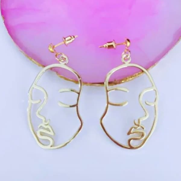 24 K Gold Plated Face Outline  Earrings, Hollow Face Picasso Earrings,  Gold Abstract Face Earrings.