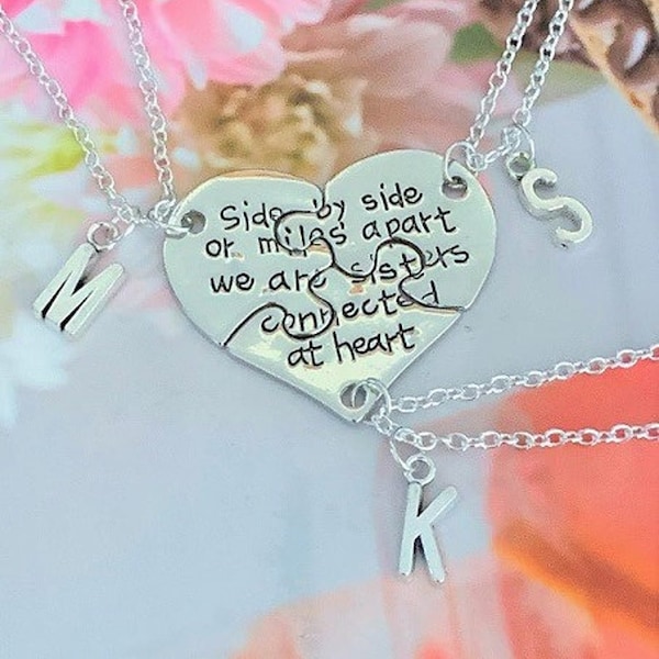 SALE - Set of 3 Side By Side Or Miles Apart We Are Sisters Connected At Heart Puzzle Piece Necklaces, Sister Set Necklaces, Christmas Gift