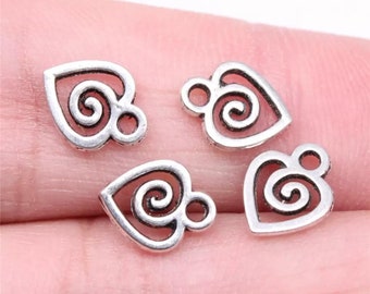 20x Tiny Antique Silver Swirl Heart Charms 10x8mm - BA106