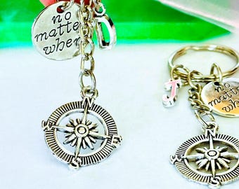 SALE - Set of 2 Compass Keychains, No matter where Friends keychain, Initial Keychain, BFF Keychains, Graduation gift. Christmas.