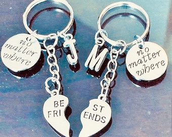 SALE - Set of 2 No Matter Where Best Friend Keychains, Initial Keychains, Bff Keychains, Friendship, Sister, Christmas Gift.