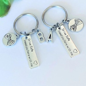 SALE - Set of 2 Pinky Promise Keychain, Drive Safe Keychain, Drive Safe I need You Here With Me Keychain, Initial Keychain, Couple Keychains