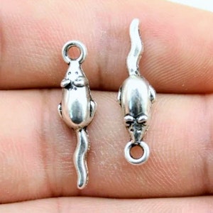 10 Mouse Rat Charms Pendants Antique Silver Tone. 24mm x 7mm BA112