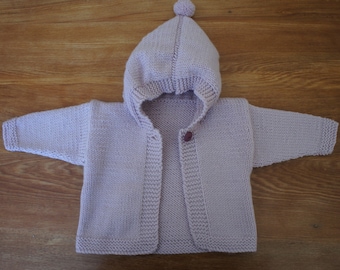Pink Wool Baby Hooded Cardigan (Hand Knitted)