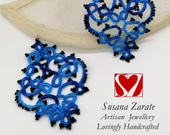Blue tatted chandelier earrings tatted earrings, lightweight beaded earrings, wedding jewelry, gift, frivolite earrings, french lace
