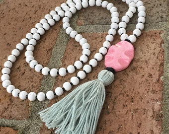 108 bead mala meditation mala prayer beads pink stone white wooden beads women's tassel necklace long beaded necklace mens mala