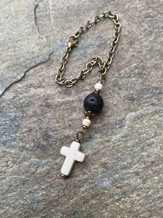 Lava Stone Cross Rear View Mirror Charm: Beaded Car Accessory