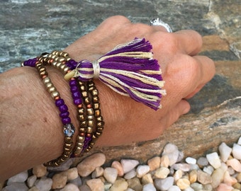 Beaded tassel necklace purple gold necklace / wrap bracelet Game Day jewelry beaded anklets boot bling bracelets custom