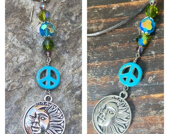 sun & moon car charm beaded rear view mirror charm accessories turquoise blue peace sign beaded car bottle charm door hanging charm hippie