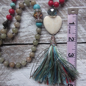 long beaded tassel necklace green Aventurine red jade blue & white turquoise Heart stone country chic bohemian long beaded tassel necklace image 3